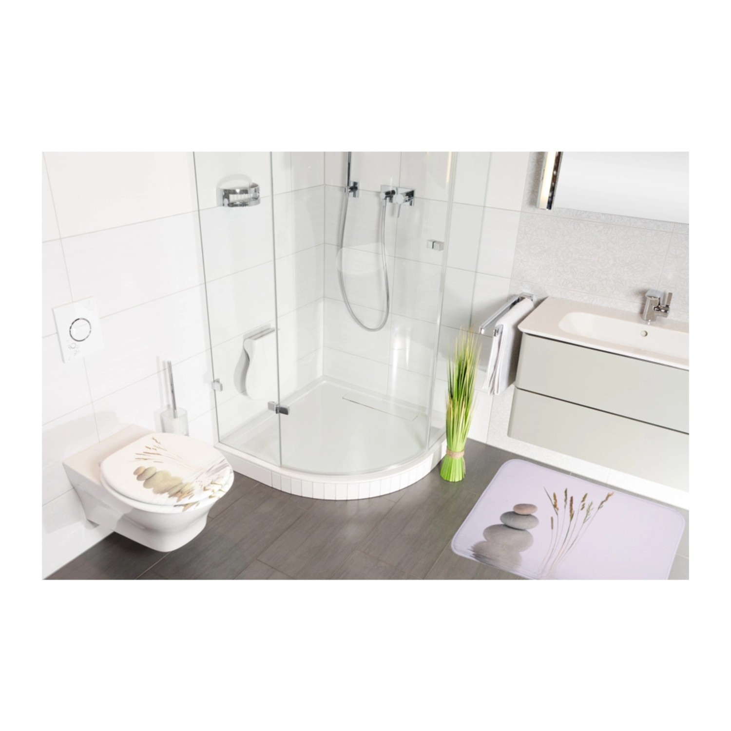 Sanilo WC-Sitz Balance aus Holz im Badezimmer mit Stein-Motiv.