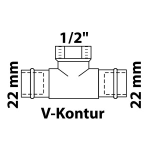 Kirchhoff RG-T-Stück 22mm x 18,7mm, blank, mit Muffen. Pressfitting für Sanitär- und Heizungsinstallation.