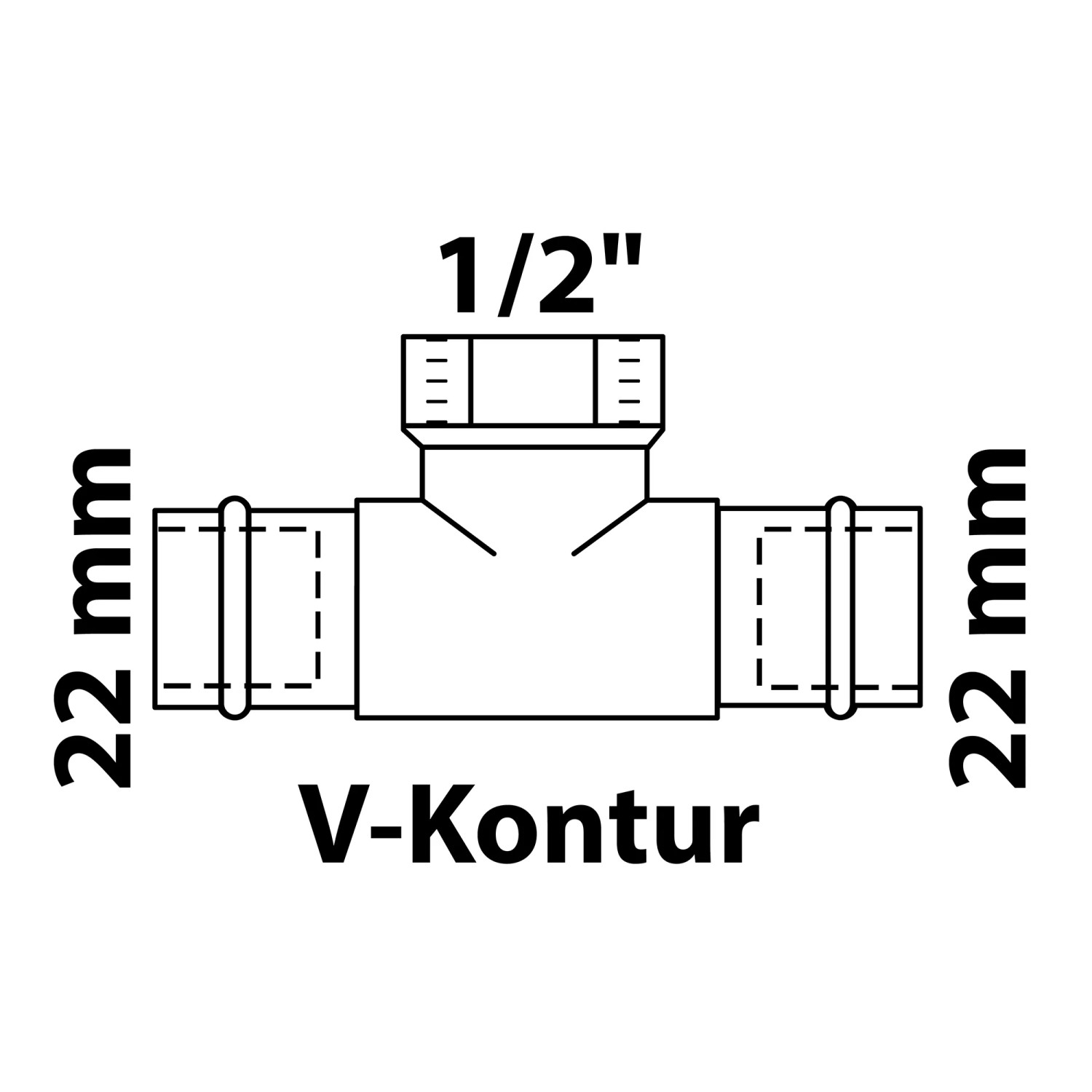 Kirchhoff RG-T-Stück 22mm x 18,7mm, blank, mit Muffen. Pressfitting für Sanitär- und Heizungsinstallation.