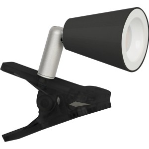 Schwarze LED-Klemmleuchte by jedi mit silbernem Arm für Schreibtisch oder Werkbank.