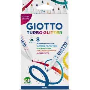 Giotto Turbo Glitter Fasermaler, 8 Stifte mit Glitzertinte in verschiedenen Farben.
