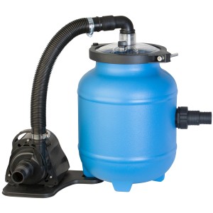 Gre Pool-Filteranlage mit Aqualoon, 4 m³/h, blaue Filterpumpe mit Schlauch und schwarzer Pumpe.