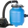 Gre Pool-Filteranlage mit Aqualoon, 4 m³/h, blaue Filterpumpe mit Schlauch und schwarzer Pumpe.