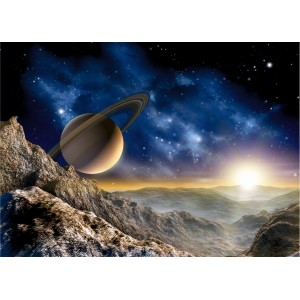 Sanders & Sanders Fototapete Universum: Saturn vor Sternenhimmel in Blau, Beige und Gelb, 160x110 cm.