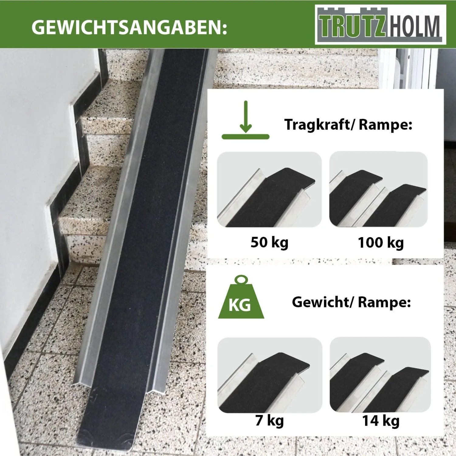 TRUTZHOLM Alu Auffahrrampe mit Gewichtsangaben und Tragkraft auf Treppe.