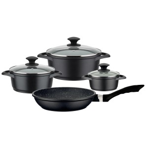 GSW Kochtopf-Set Gourmet Granit, 7-teilig, mit Töpfen, Deckeln und Pfanne im Granit-Design.