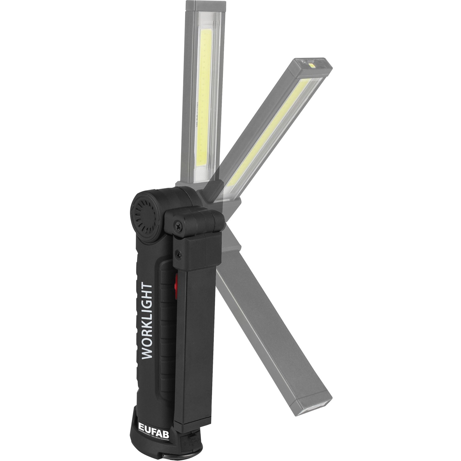Eufab COB/LED Akku-Arbeitsleuchte, ausklappbar, mit Magnetfuß und Haken zur flexiblen Nutzung.