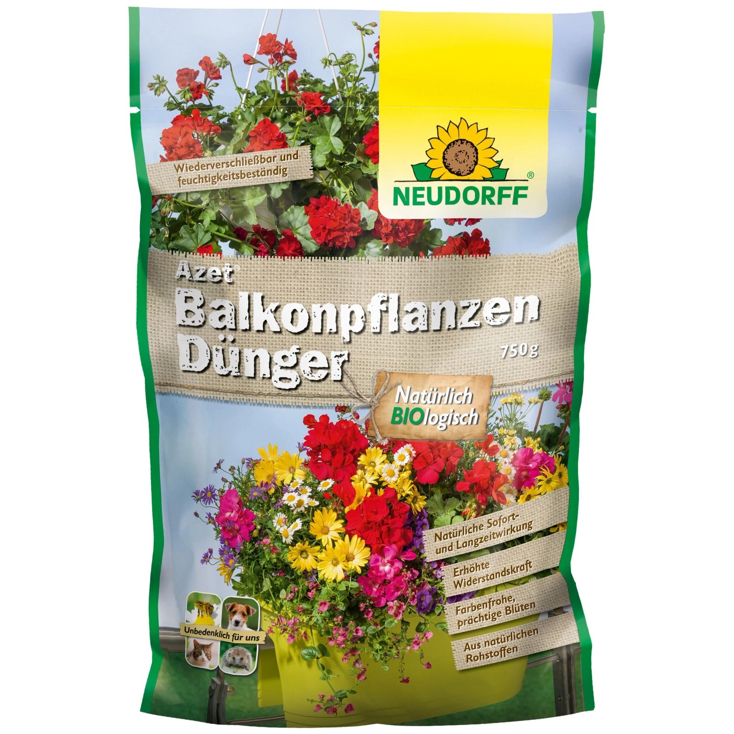 Neudorff Azet Balkonpflanzen-Dünger 750g Beutel. Organisches Granulat für farbenfrohe Blüten und kräftiges Pflanzenwachstum.