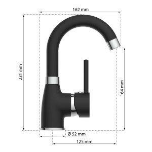 Eisl Waschtischarmatur Futura in Schwarz-Chrom mit Maßangaben.