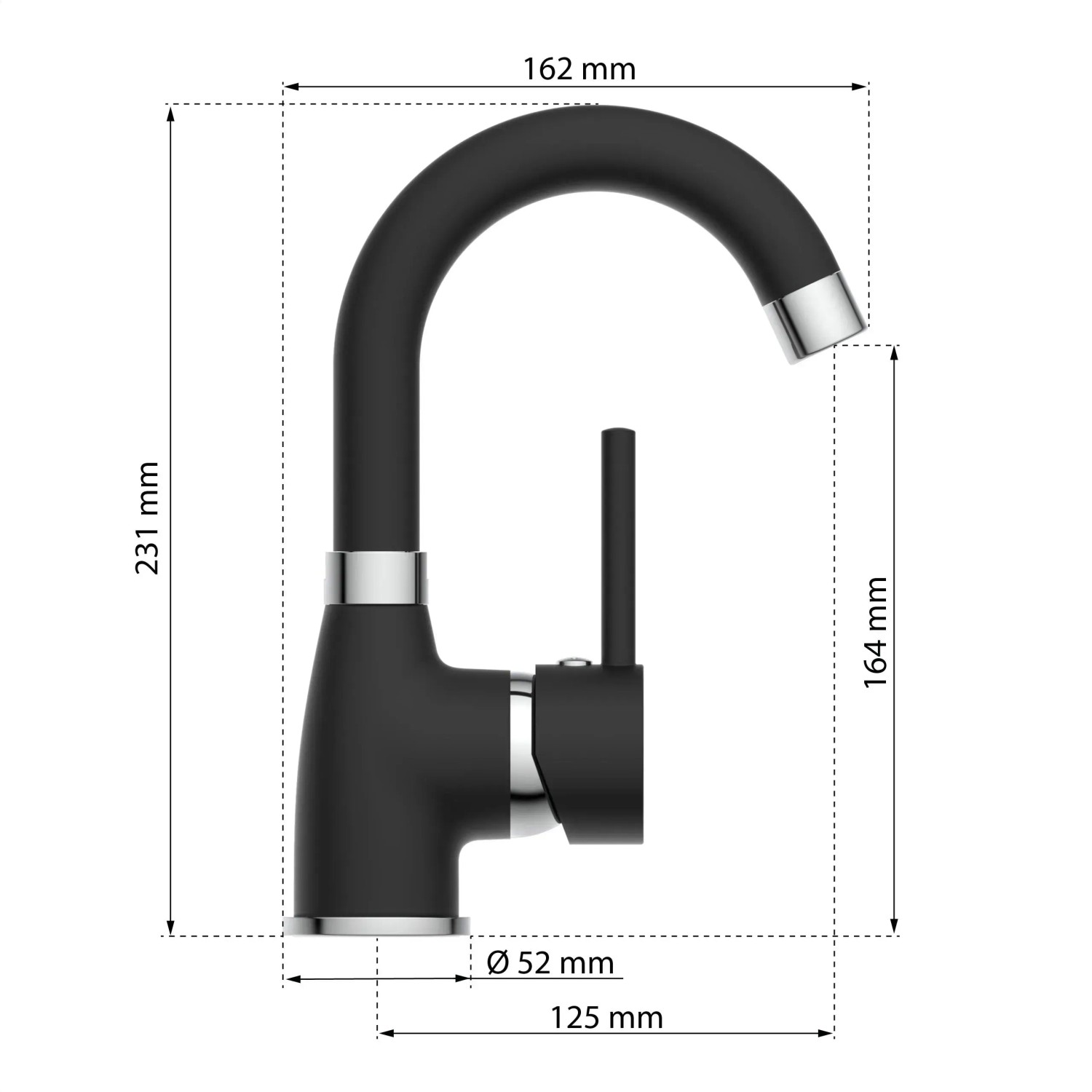 Eisl Waschtischarmatur Futura in Schwarz-Chrom mit Maßangaben.