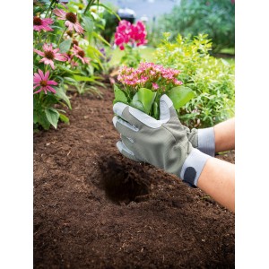 Gartenhandschuhe Oliv-Grau Gr. 9 beim Pflanzen einer Blume im Garten.