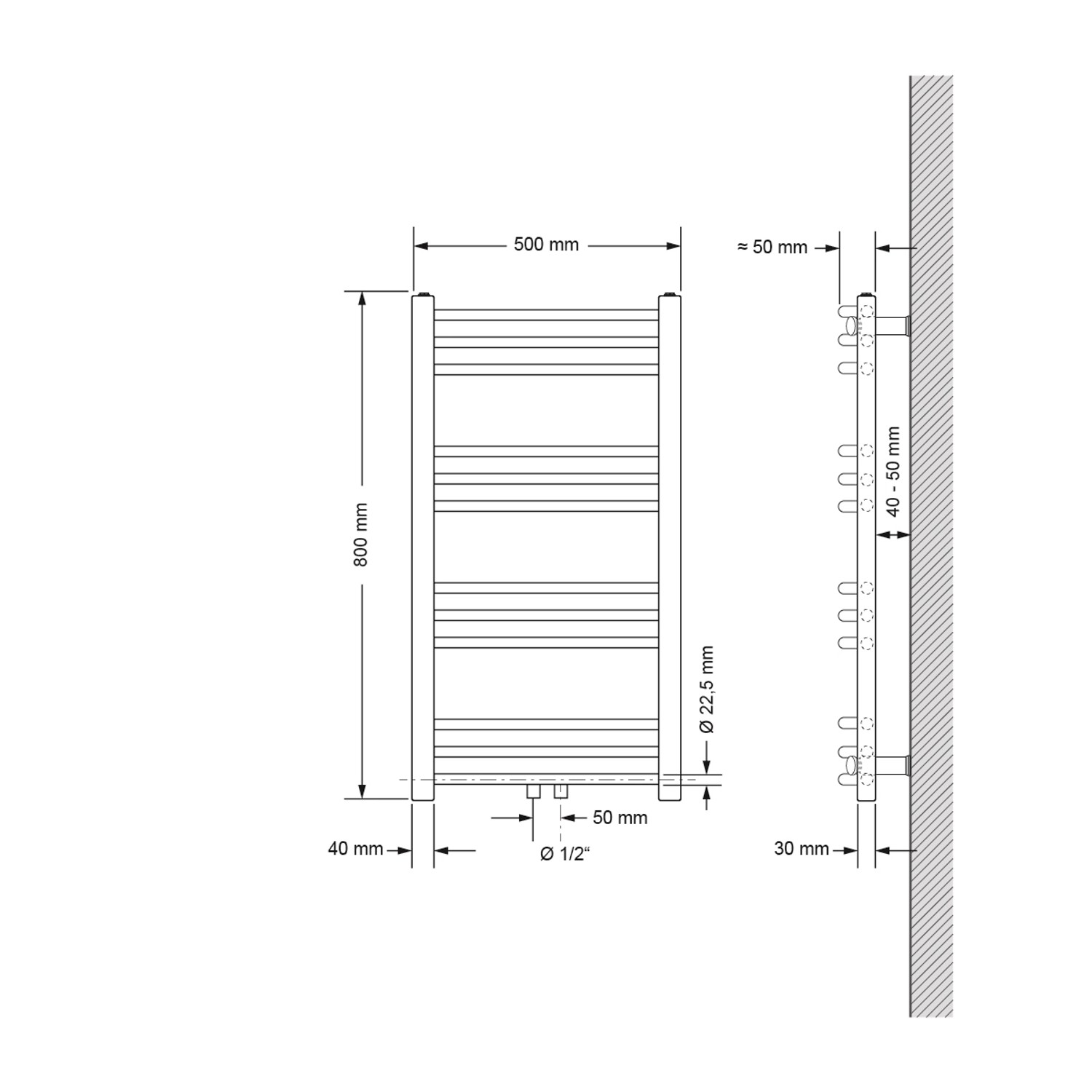 Technische Zeichnung: LuxeBath Badheizkörper, 500x800mm, Chrom, gebogen, mit Thermostat, Maße und Anschlüsse.