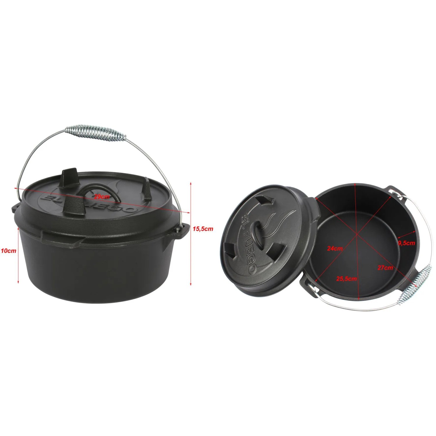 El Fuego Dutch Oven aus Gusseisen, 3,5 l Topf, 1 l Deckel, schwarz, für Grillutensilien.