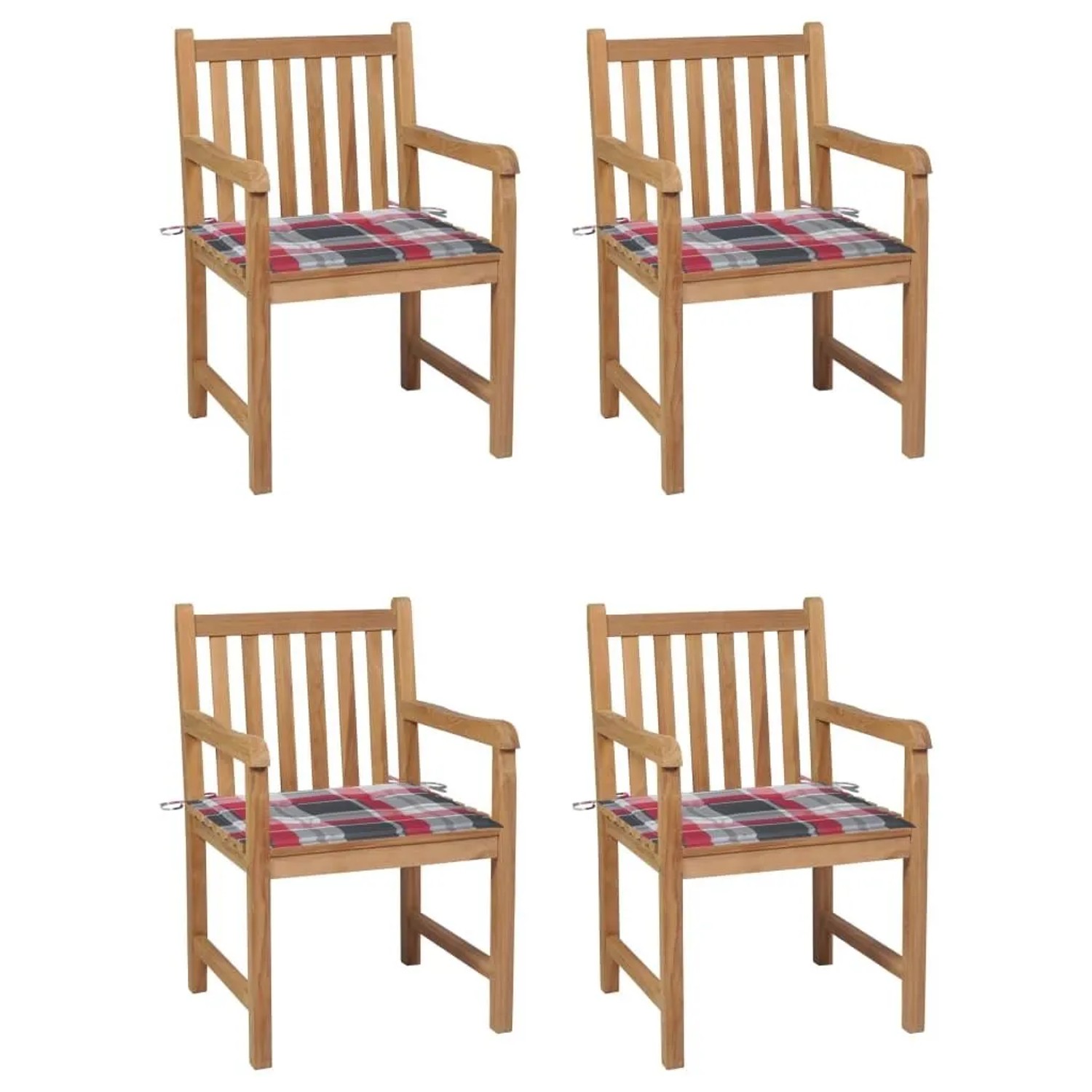 vidaXL Gartenstühle 4 Stk Rote Karomuster-Kissen Massivholz Teak 3073017