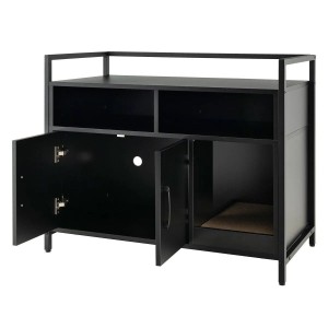 Schwarze Costway Katzenhöhle mit Doppeltüren als Katzentoiletten-Schrank.