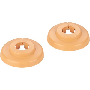 Zwei Klapprosetten Ø 15 mm in Eicheoptik zum Abdecken von Rohrdurchführungen.