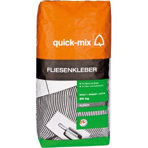 25 kg Sack Quick-Mix Fliesenkleber für Wand und Boden.
