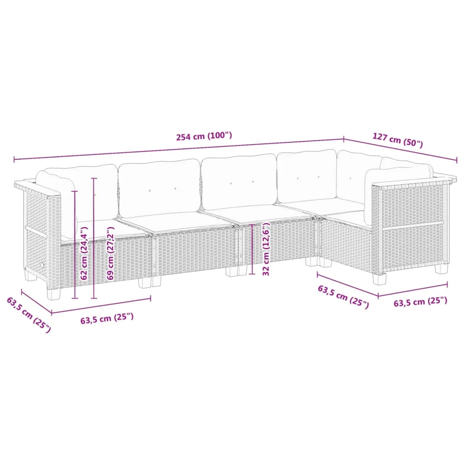 vidaXL 5-tlg. Garten-Sofagarnitur, grau, Poly Rattan, mit Maßangaben für Planung.