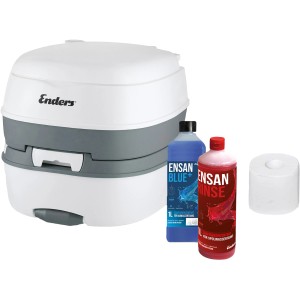 Enders Mobil-WC Deluxe Set: Campingtoilette, Sanitärflüssigkeiten und Toilettenpapier.