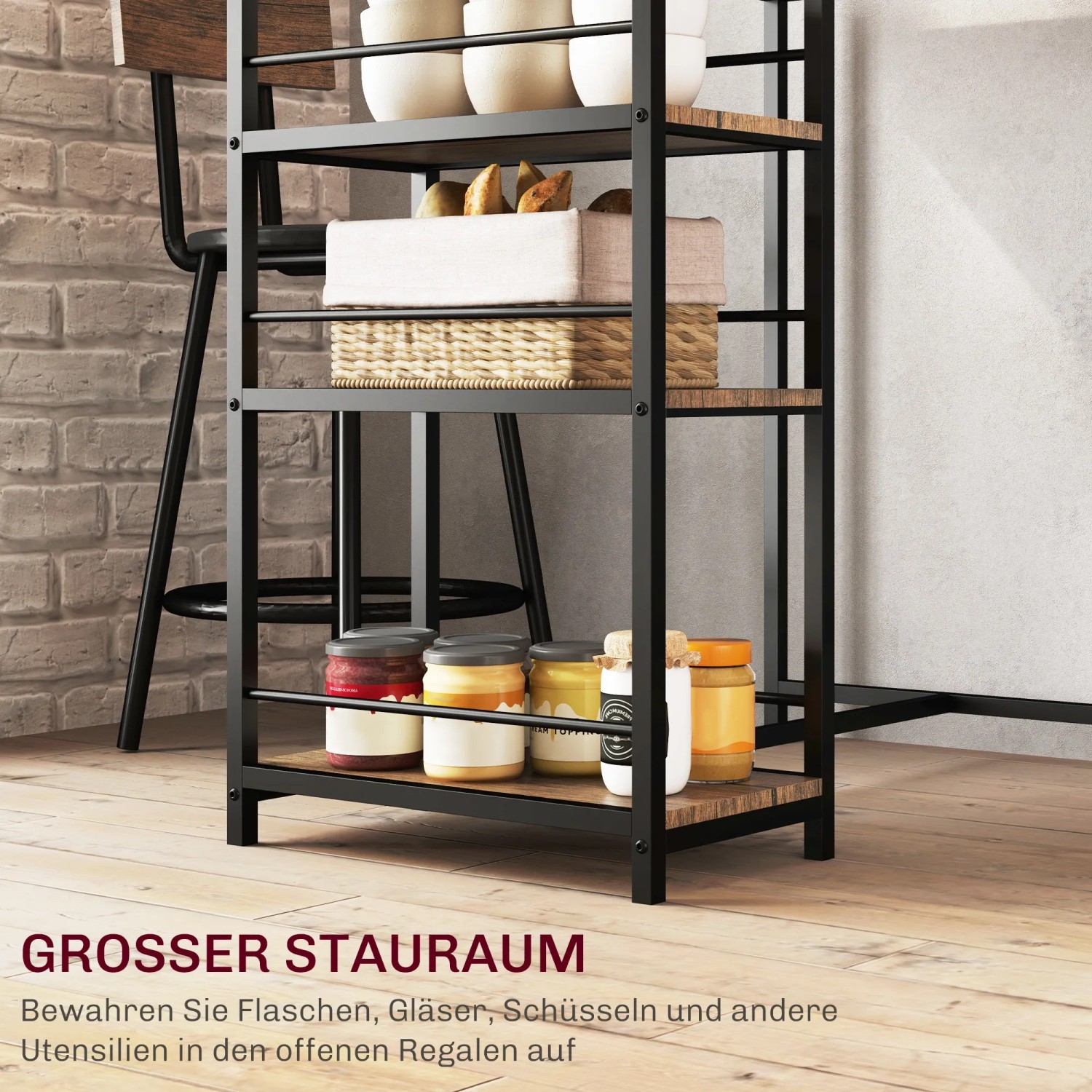 HOMCOM Bartisch-Set, 3-teilig, Eichefarben mit Stahlrahmen und Barhockern. Stauraum durch Regale.