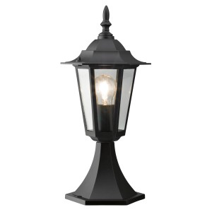 Schwarze Außensockelleuchte Molinella im klassischen Design mit klaren Glasscheiben und E27 Fassung.