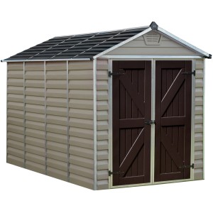 Palram Canopia Skylight 1.9x3 Gerätehaus in Braun-Mix mit Doppeltür und Oberlicht.