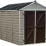 Palram Canopia Skylight 1.9x3 Gerätehaus in Braun-Mix mit Doppeltür und Oberlicht.