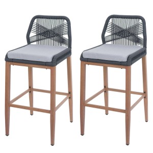 Proregal 2er-Set Rope-Barhocker HxBxT 101x45x50 cm Sitzhöhe 76cm Anthrazit Kissen Hellgrau Outdoor Sitzpolster Seilgeflecht Metall Holz-Optik