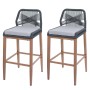 Zwei Proregal Rope-Barhocker in Anthrazit mit hellgrauen Kissen, Seilgeflecht und Holz-Optik Metallbeinen. Modernes 2er-Set.
