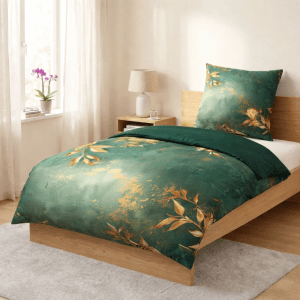SANILO Bettwäsche Greego, 2-teilig, mit grün-goldenem Blätterdesign auf einem Bett.