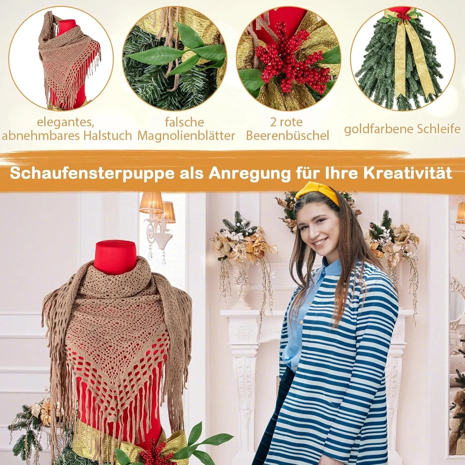 Künstlicher Weihnachtsbaum 150cm als Schaufensterpuppe mit beigem Schal, roten Beeren und goldener Schleife.