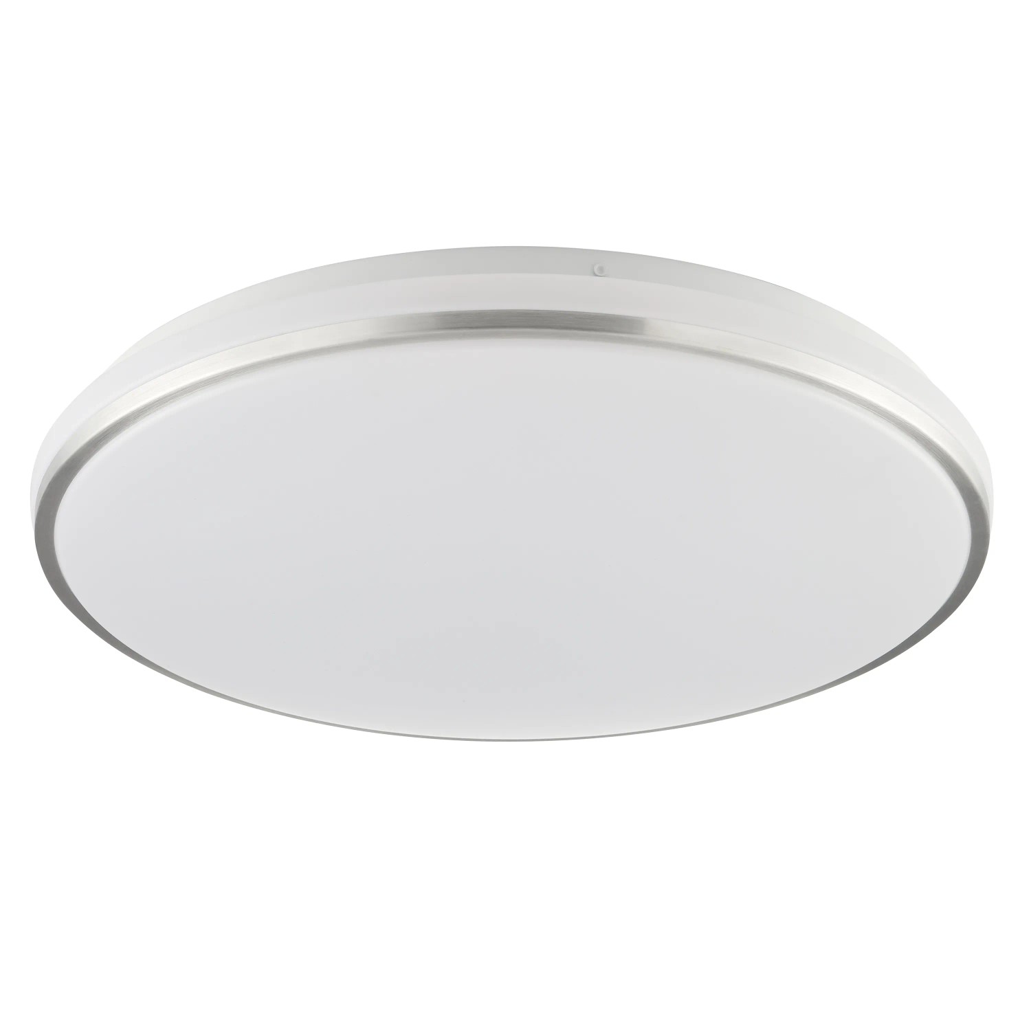 Runde LED Deckenleuchte Avalis in Weiß und gebürstetem Aluminium, Durchmesser 38 cm.