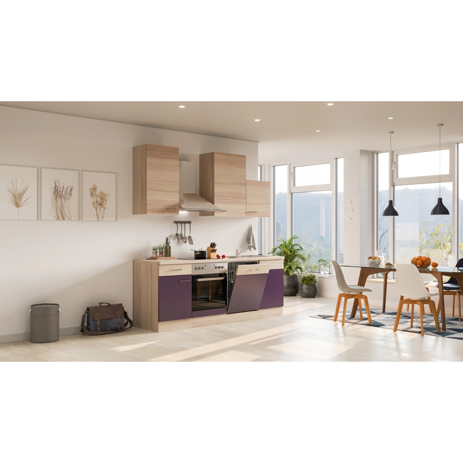 Flex-Well Exclusiv Küchenzeile/Küchenblock Focus 220 cm Akazie - Aubergine