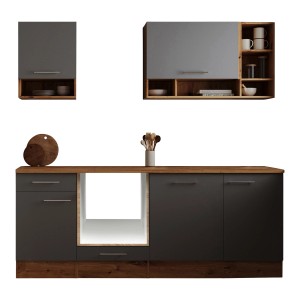 Respekta Küchenzeile Hilde, 220 cm, grau, ohne E-Geräte. Unterschränke, Oberschränke, Arbeitsplatte in Holzoptik.