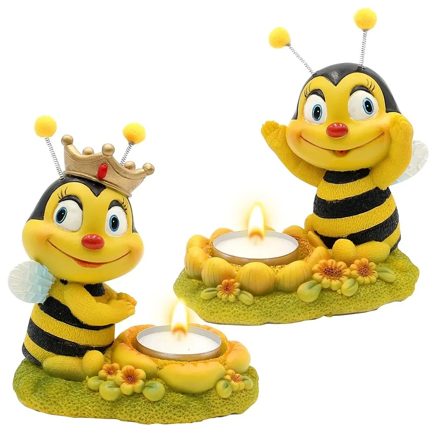 Dekohelden24 2er Set Dekofigur Bienenpaar mit Teelichthalter Gartendeko aus Keramik L/B/H 7 x 12 x 13 cm