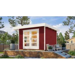 Rotes Weka Holz-Gartenhaus mit Flachdach und Doppeltür, lasiert, 375 cm breit.