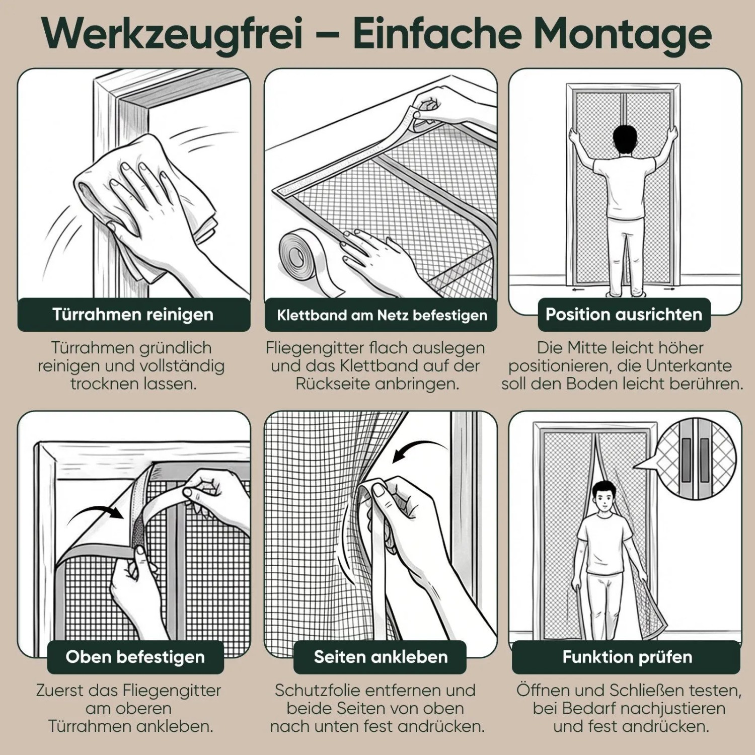 Montageanleitung für Sekey Fliegengittertür mit Magnetverschluss und Klettband.