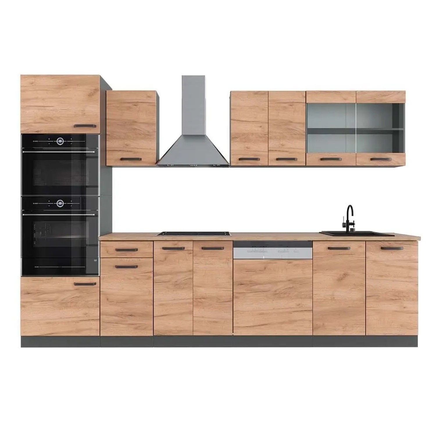 Vicco R-Line Küchenzeile Goldkraft Eiche Anthrazit 300 cm mit HochschrankAP Eiche ohne E-Geräte Opt2