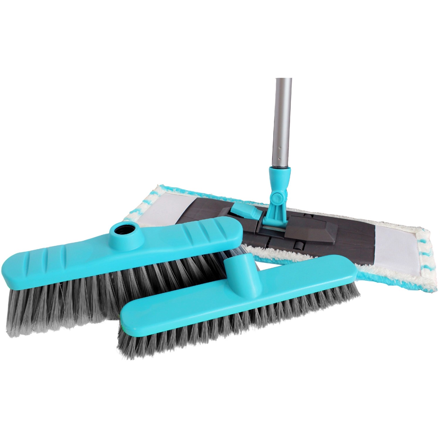 Bürstenmann Bodenreinigungsset, 4-teilig in verschiedenen Farben: Bodenwischer, Besen, Schrubber und Stiel.