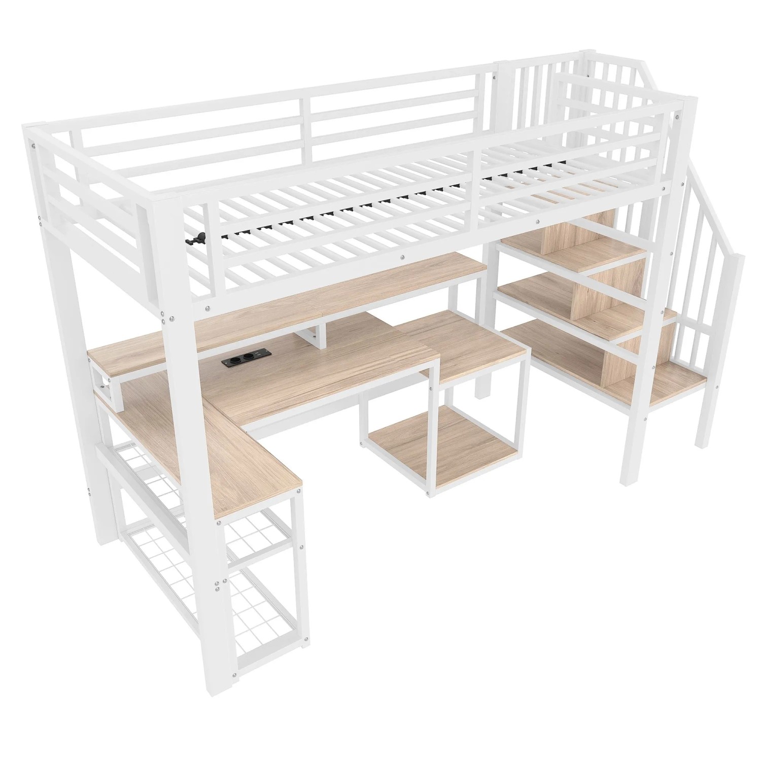 okwish Metall Hochbett 90x200cm mit Schreibtisch USB und LED Weiß ohne Matratze