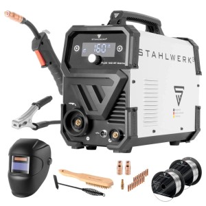 STAHLWERK FLUX 160 ST Digital Schweißgerät mit 160 A, Schweißhelm und Zubehör-Set für Fülldraht-Schweißen.