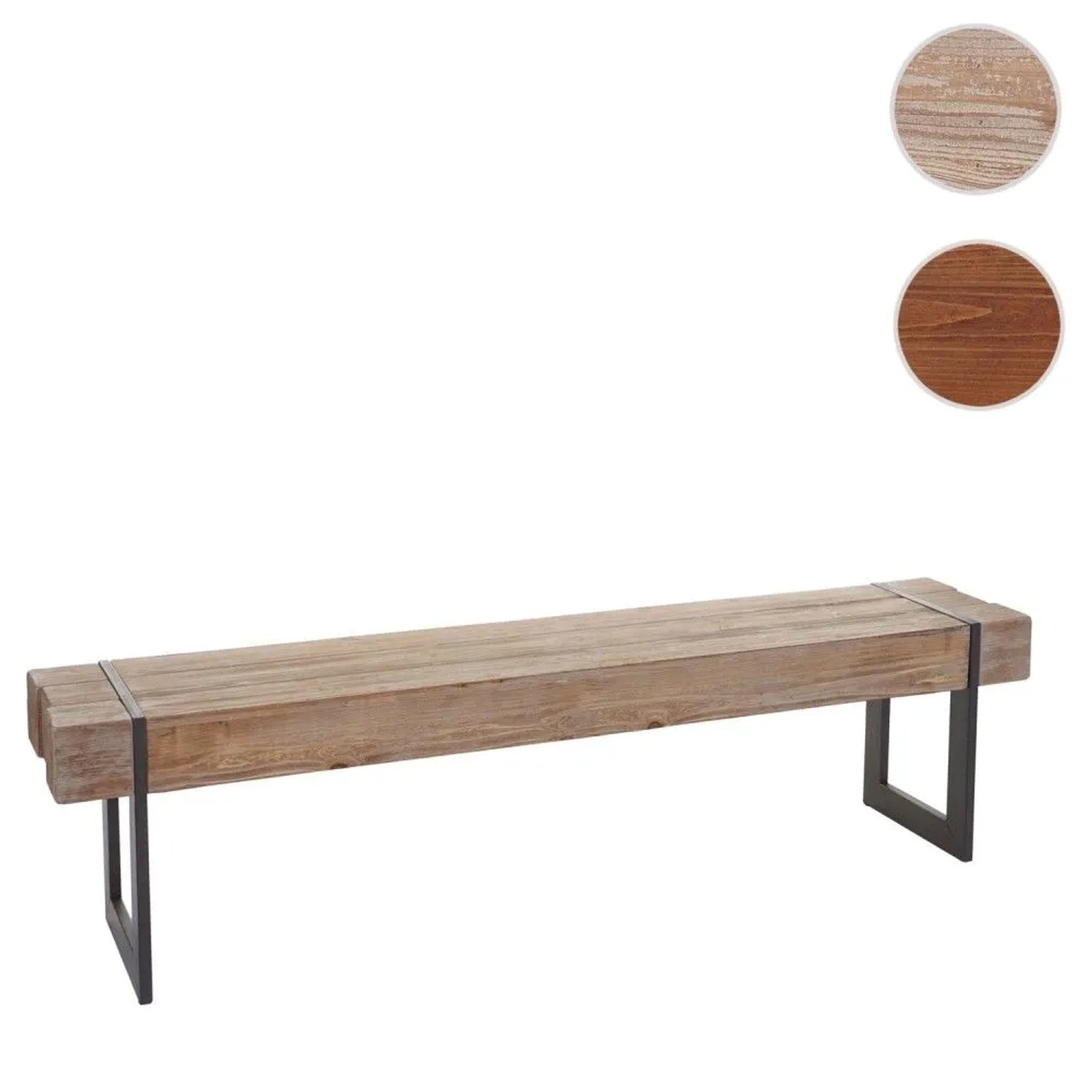 Garderobenbank 180cm im Industrial Design. Helle Holzplatte, dunkle Metallbeine. Robuste Sitzbank Naturfarben.
