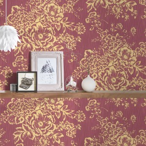 Bricoflor Vliestapete mit floralem Muster in Rot und Gold für Wohn- und Esszimmer.