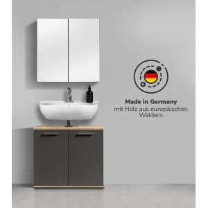 mokebo Badmöbel-Set „Der Steuermann“ in Eiche-Schwarz mit Waschbecken und Spiegelschrank.