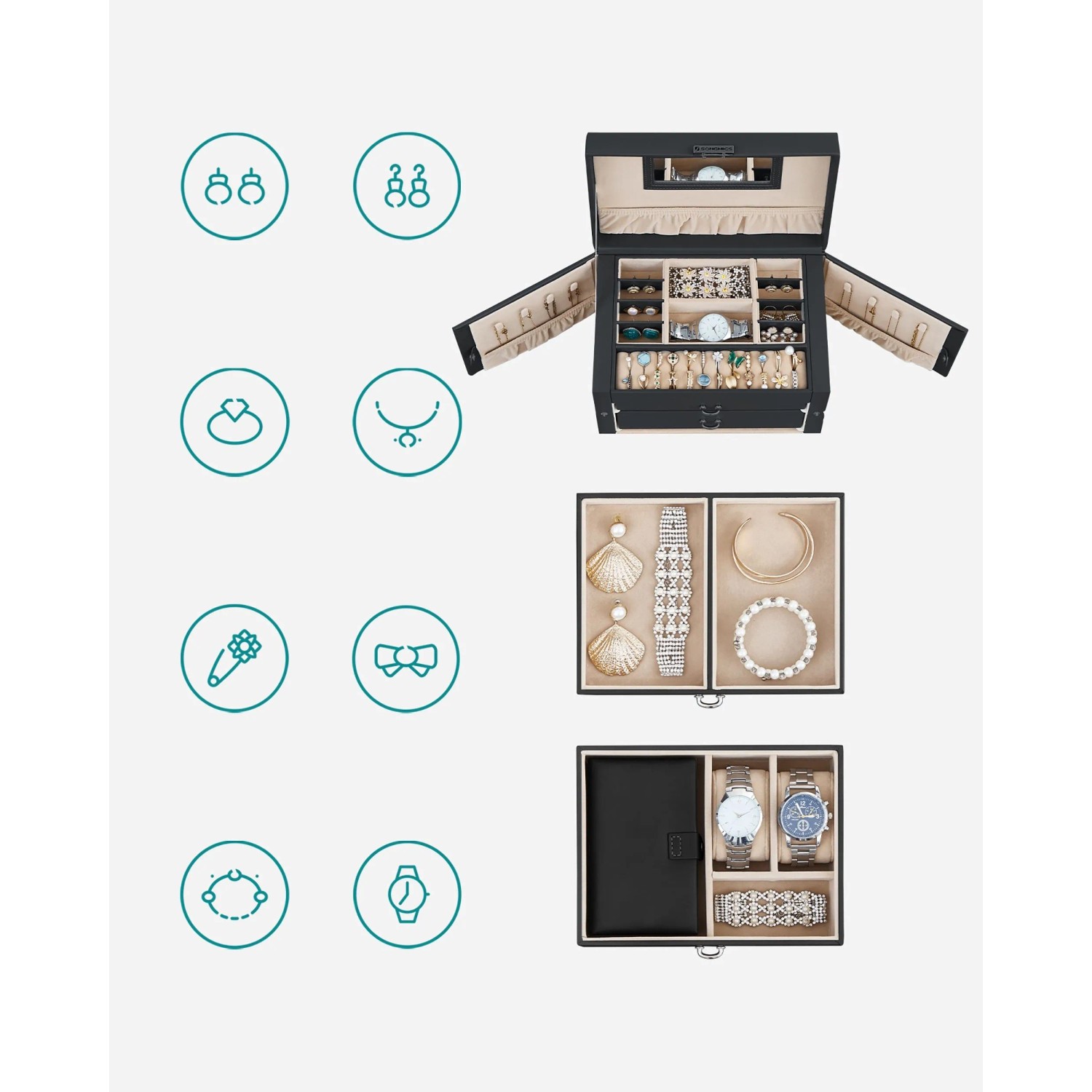 Songmics Schmuckkästchen Bridie, schwarz-beige, mit 2 Schubladen und viel Stauraum für Schmuck.