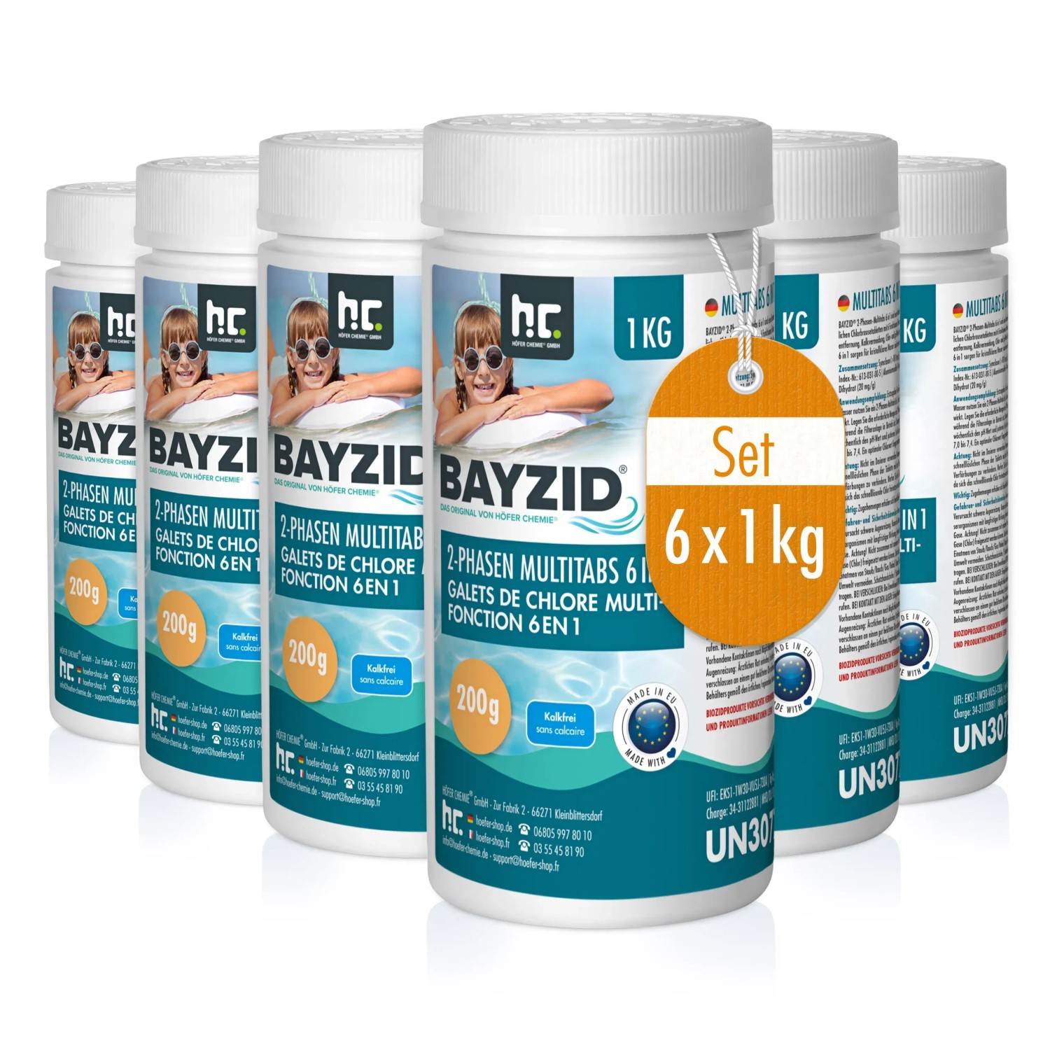 Set aus 6 Flaschen Bayzid 6in1 Multitabs à 1kg für die Poolreinigung.
