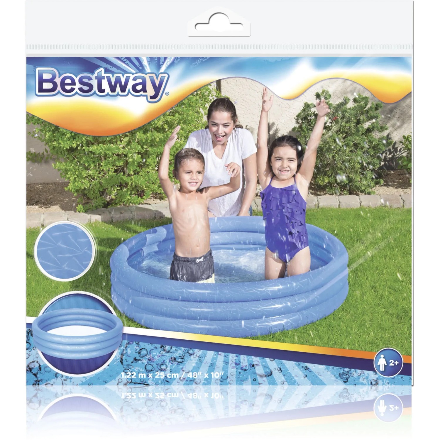 Bestway Planschbecken Classic, blau, 122x25cm, mit spielenden Kindern. Ideal für sommerlichen Badespaß.