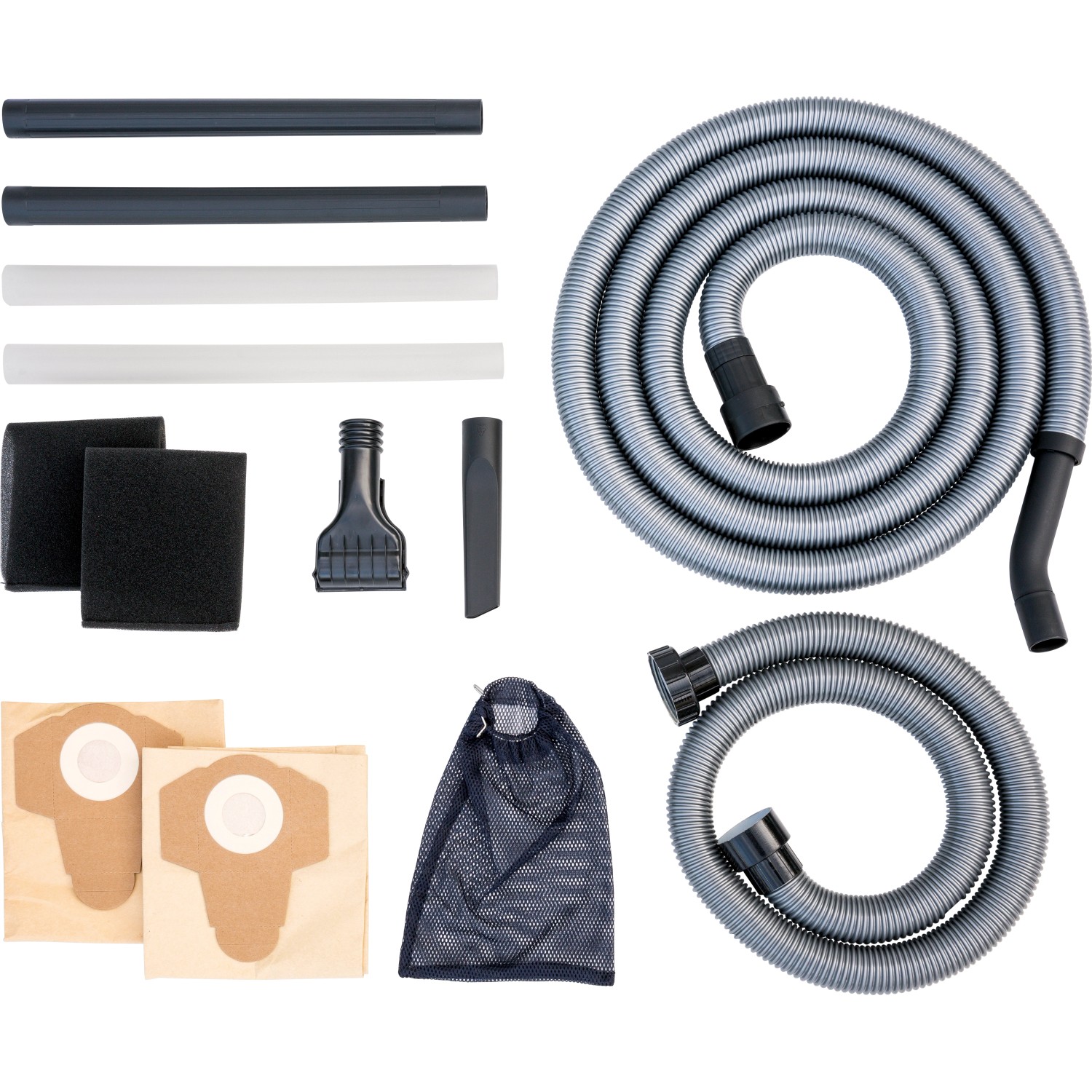 Zubehör für Teichschlammsauger 2.0: Schläuche, Düsen, Filter und Beutel für die Teichreinigung.