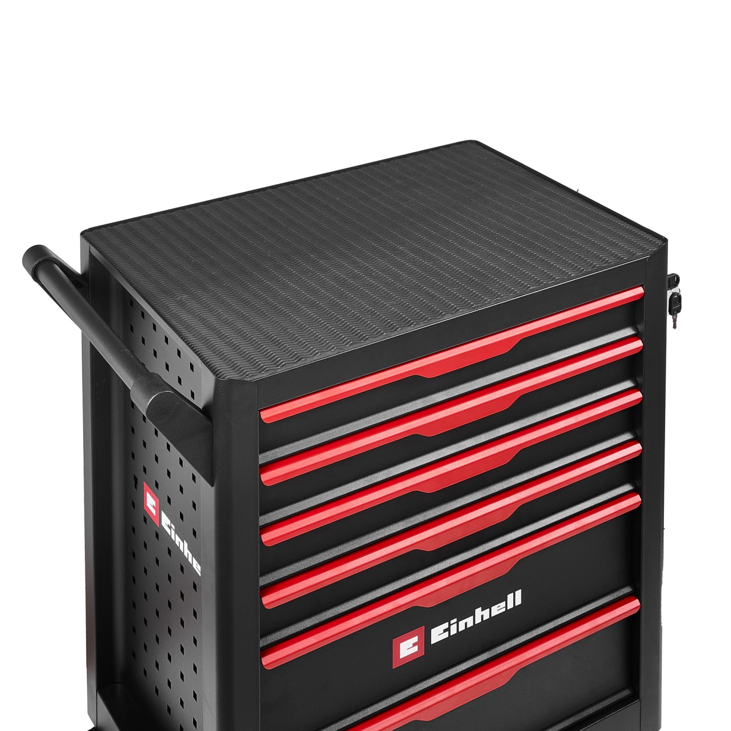 Einhell Werkstattwagen, 149-teilig, schwarz matt, mit roten Schubladenblenden.