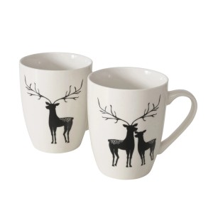Zwei weiße Boltze Tassen Wilbur mit schwarzem Hirsch Motiv, Geschirr.
